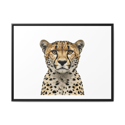 Cheetah wall art 40x30 framed matte canvas featuring a detailed cheetah portrait with a neutral background and refined modern composition