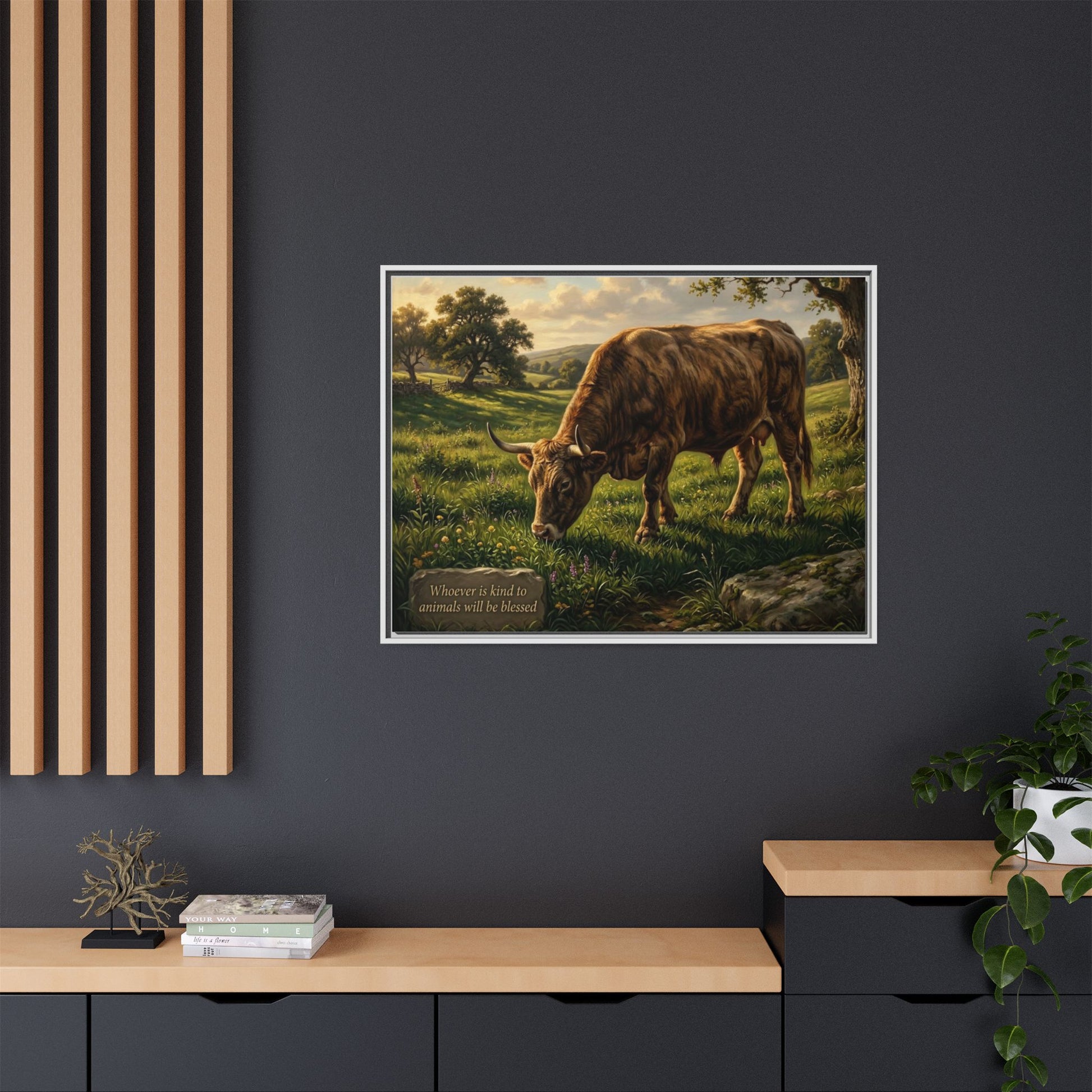 Cow pastoral wall art 40x30 framed matte canvas with grazing cow in rolling hills inspired by Proverbs 14:4