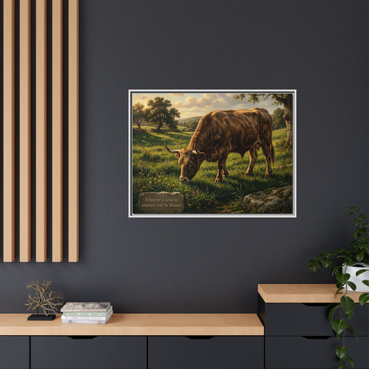 Cow pastoral wall art 40x30 framed matte canvas with grazing cow in rolling hills inspired by Proverbs 14:4