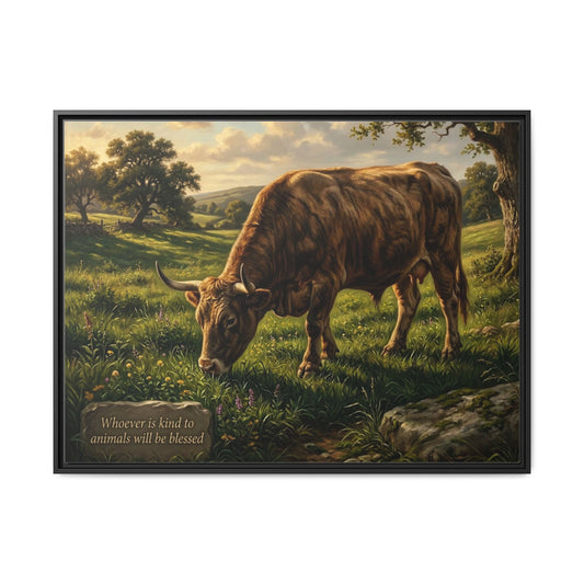 Cow pastoral wall art 40x30 framed matte canvas with grazing cow in rolling hills inspired by Proverbs 14:4