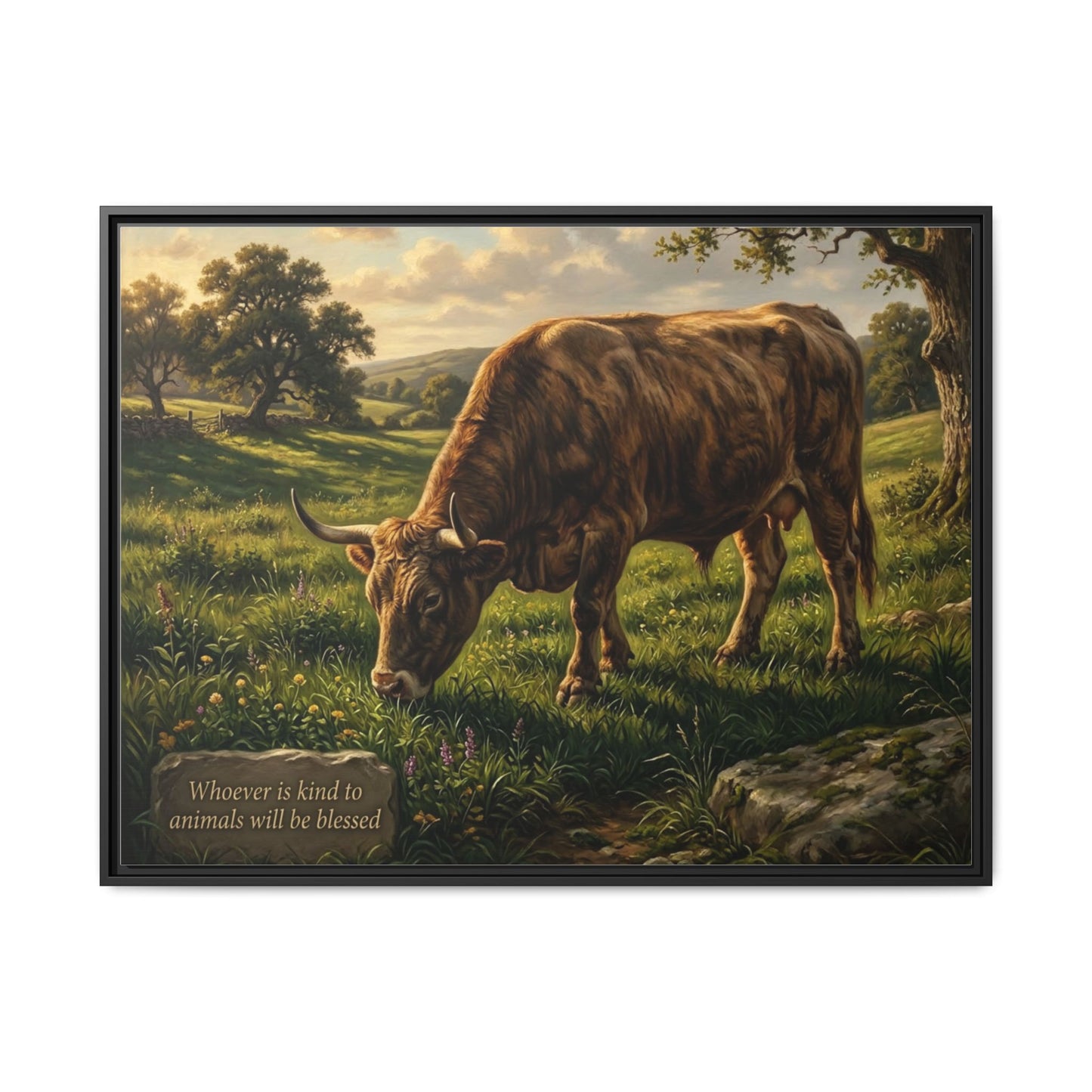 Cow pastoral wall art 40x30 framed matte canvas with grazing cow in rolling hills inspired by Proverbs 14:4