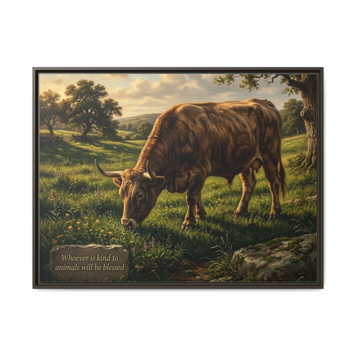 Cow pastoral wall art 40x30 framed matte canvas with grazing cow in rolling hills inspired by Proverbs 14:4