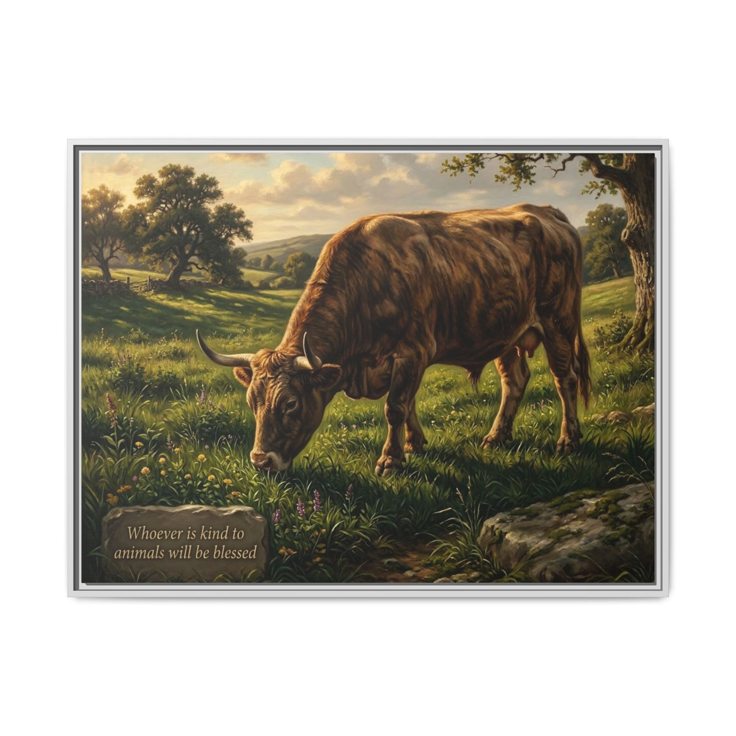 Cow pastoral wall art 40x30 framed matte canvas with grazing cow in rolling hills inspired by Proverbs 14:4