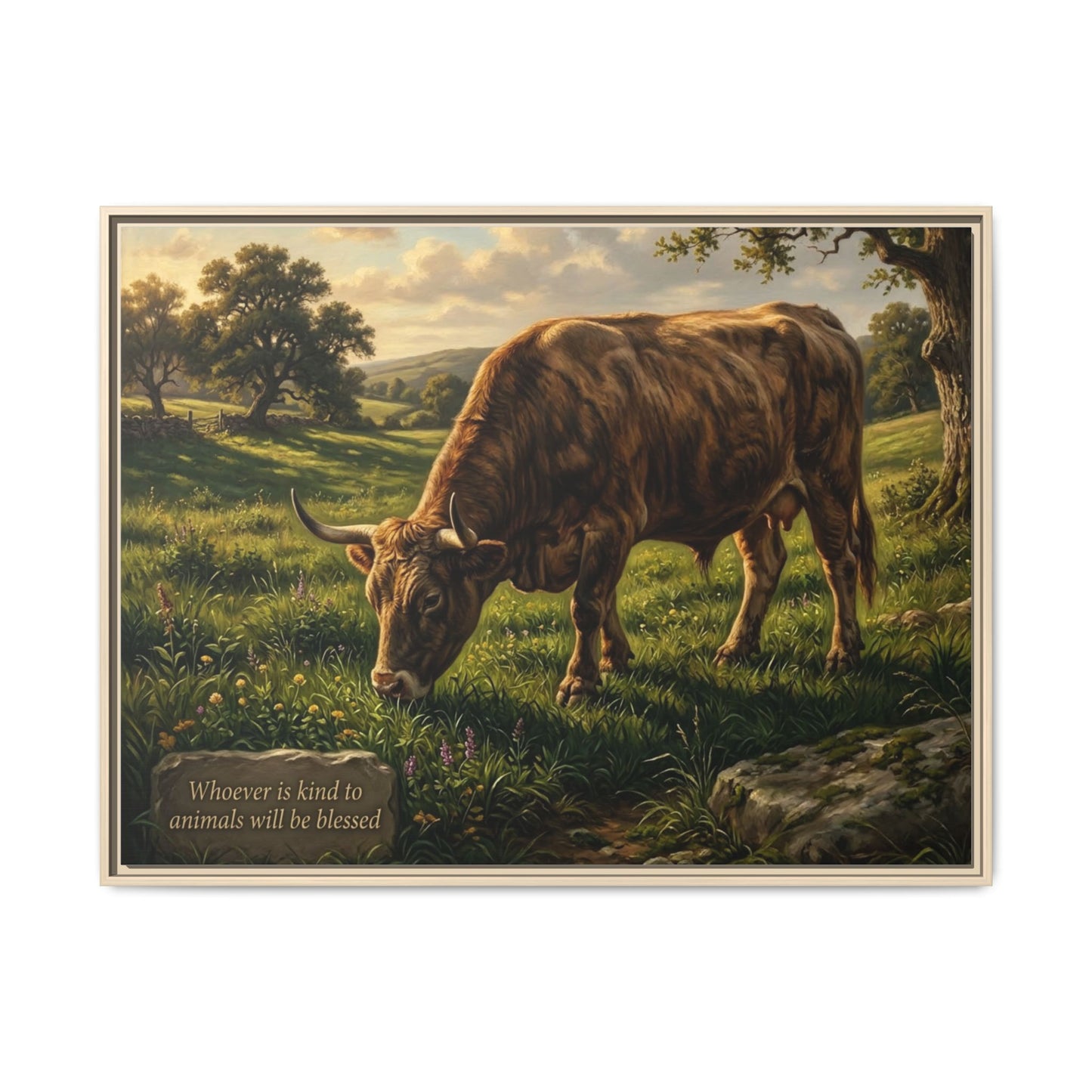 Cow pastoral wall art 40x30 framed matte canvas with grazing cow in rolling hills inspired by Proverbs 14:4