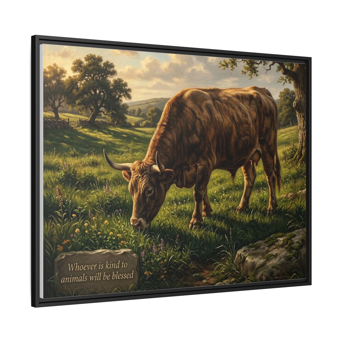 Cow pastoral wall art 40x30 framed matte canvas with grazing cow in rolling hills inspired by Proverbs 14:4