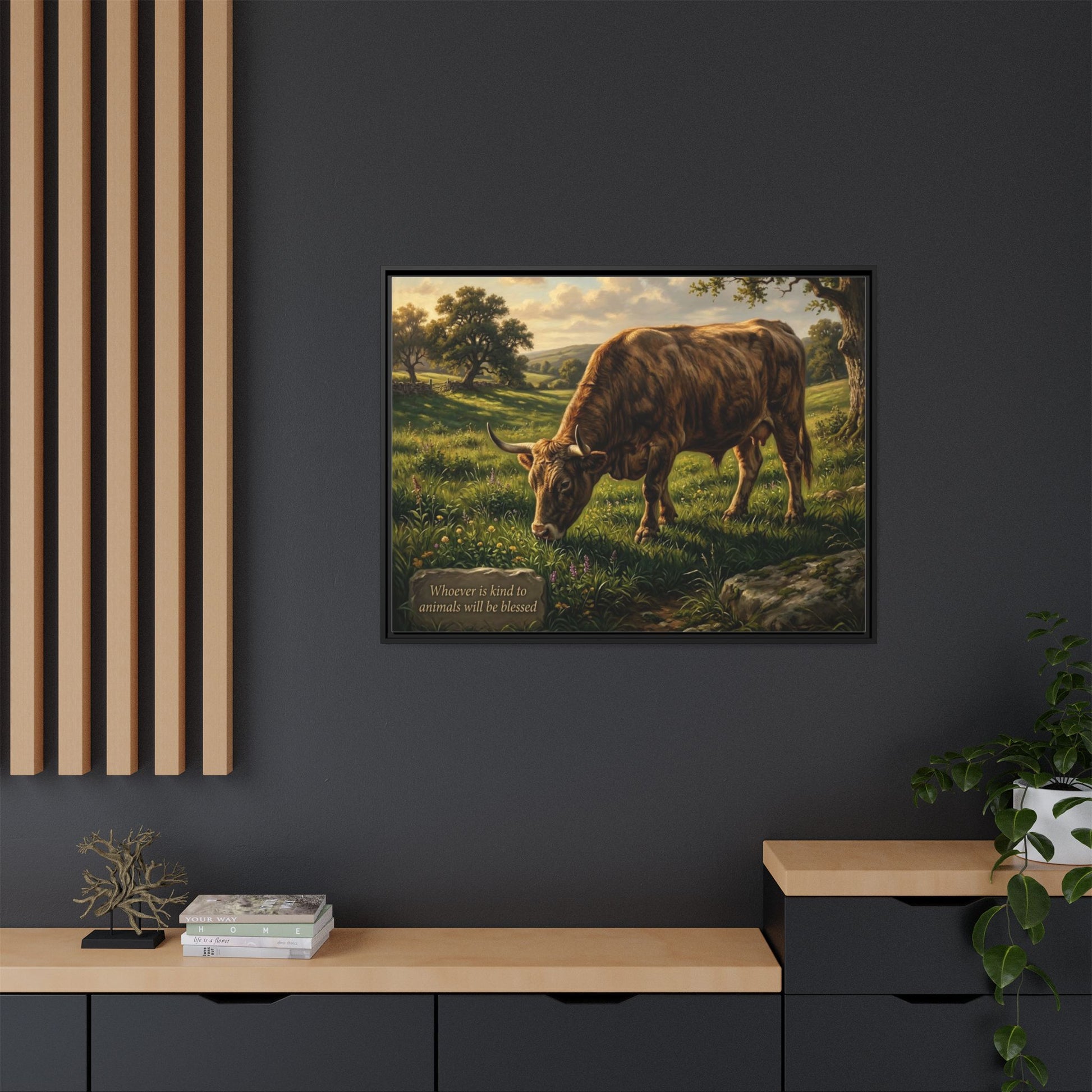 Cow pastoral wall art 40x30 framed matte canvas with grazing cow in rolling hills inspired by Proverbs 14:4