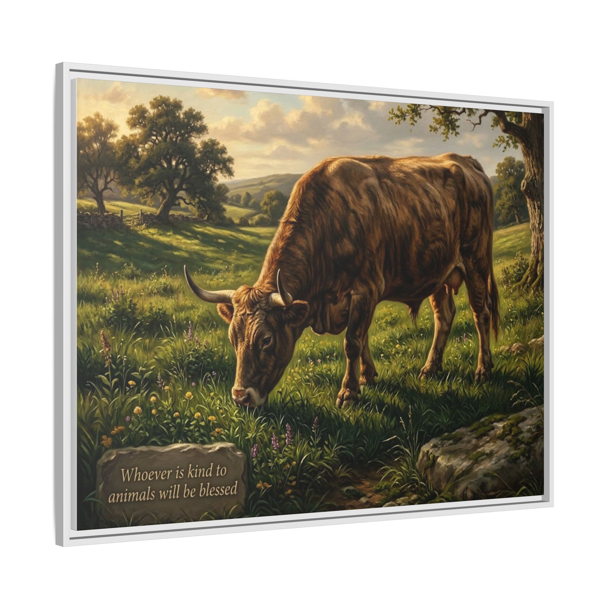 Cow pastoral wall art 40x30 framed matte canvas with grazing cow in rolling hills inspired by Proverbs 14:4