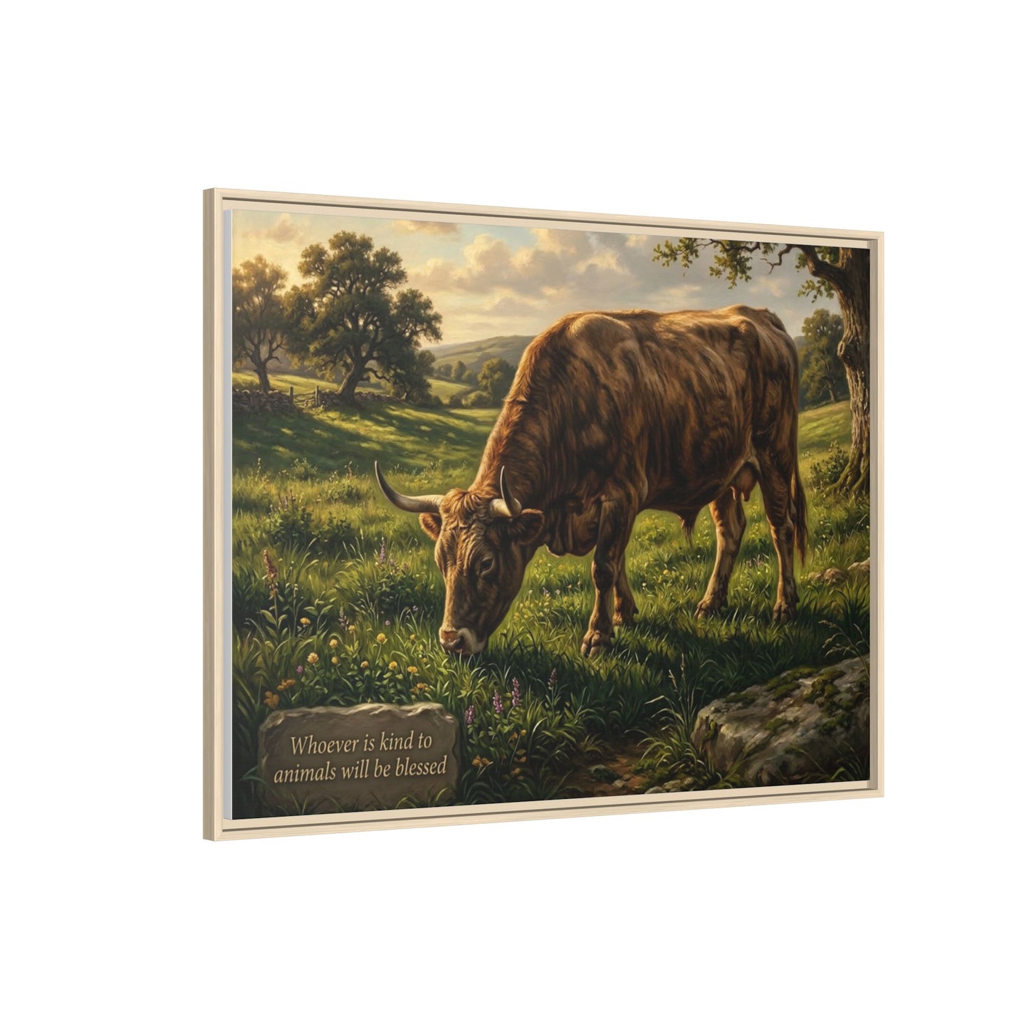 Cow pastoral wall art 40x30 framed matte canvas with grazing cow in rolling hills inspired by Proverbs 14:4