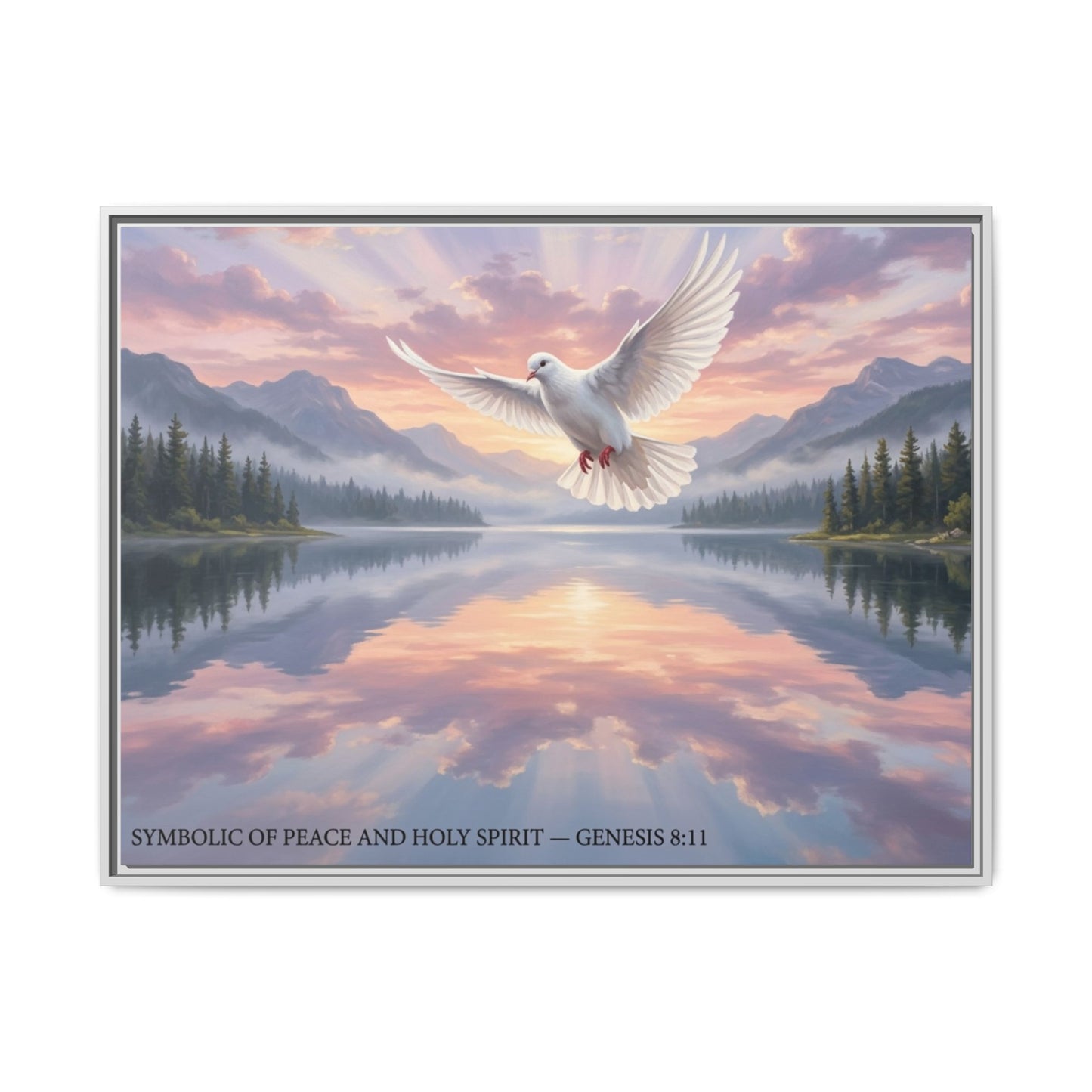Dove wall art 40x30 framed matte canvas with white dove over mountain lake at sunrise inspired by John 14:27