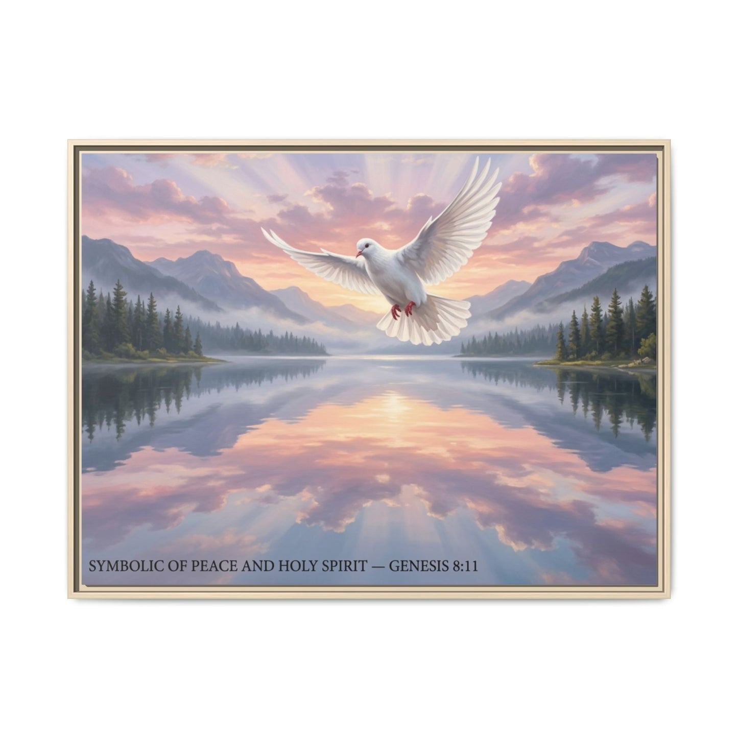 Dove wall art 40x30 framed matte canvas with white dove over mountain lake at sunrise inspired by John 14:27