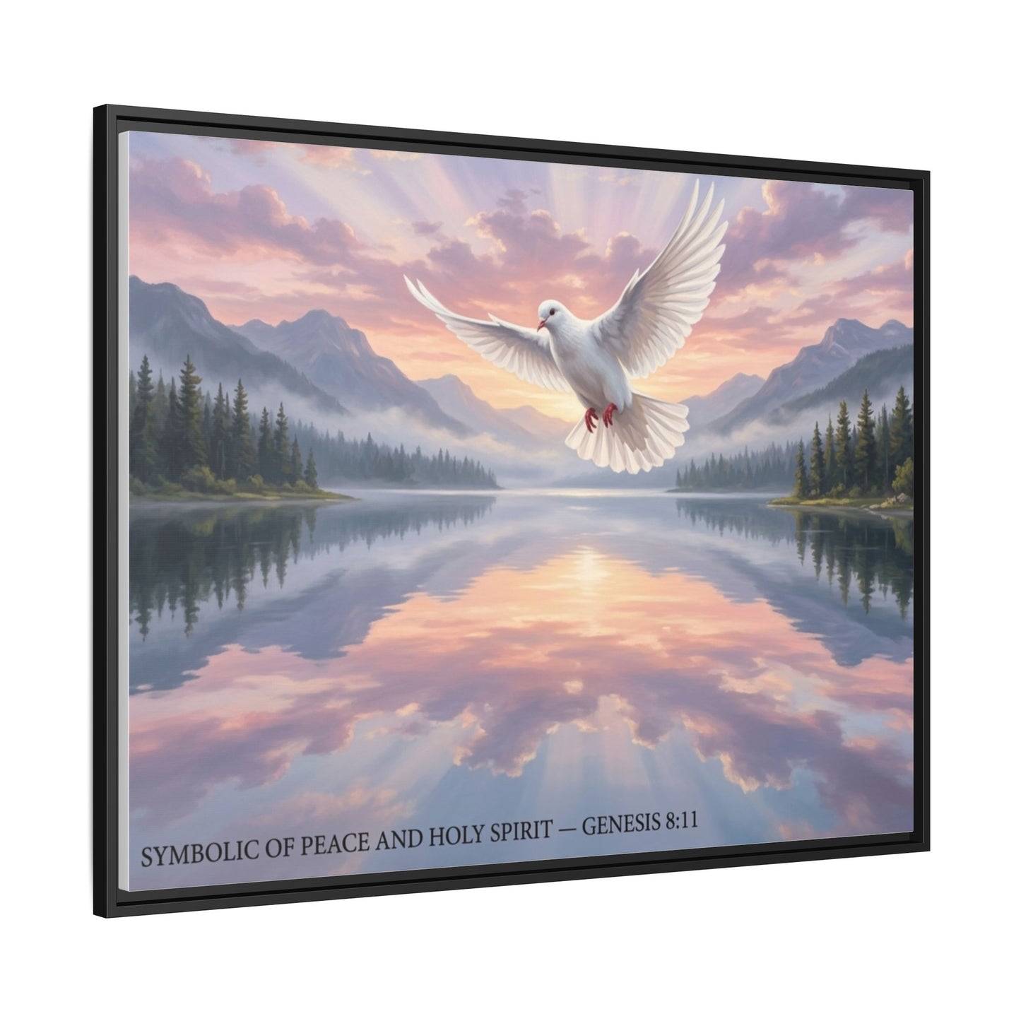 Dove wall art 40x30 framed matte canvas with white dove over mountain lake at sunrise inspired by John 14:27