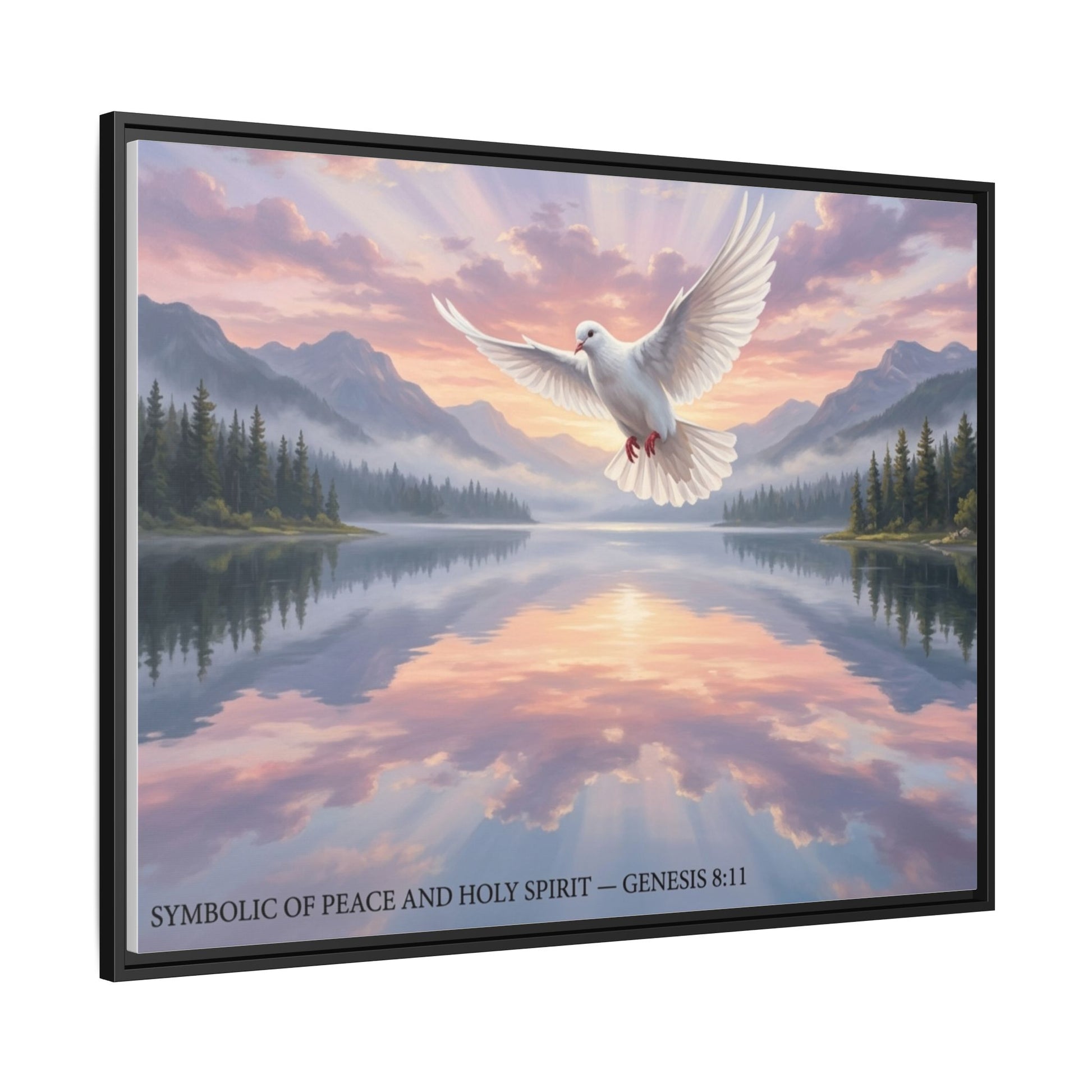 Dove wall art 40x30 framed matte canvas with white dove over mountain lake at sunrise inspired by John 14:27