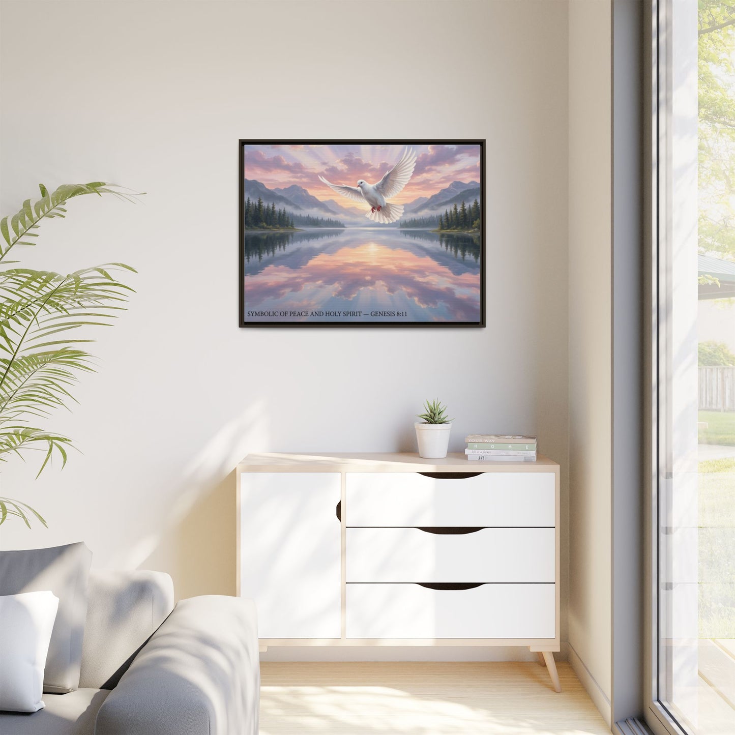 Dove wall art 40x30 framed matte canvas with white dove over mountain lake at sunrise inspired by John 14:27