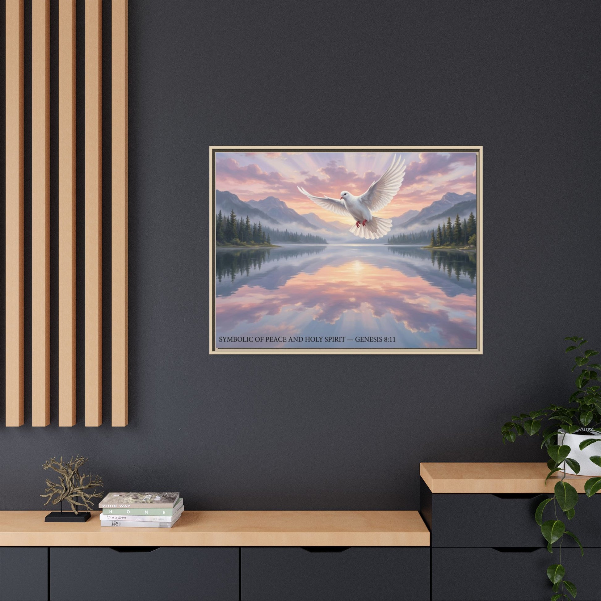 Dove wall art 40x30 framed matte canvas with white dove over mountain lake at sunrise inspired by John 14:27