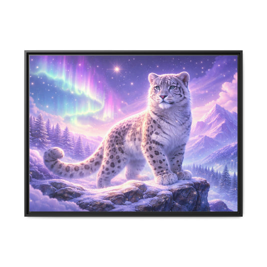 dreamy snow leopard wall art 40x30 framed matte canvas portrait aurora sky