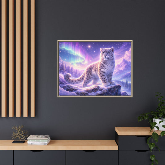 dreamy snow leopard wall art 40x30 framed matte canvas portrait aurora sky