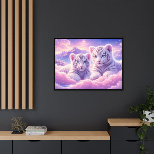 Dreamy white tiger cubs wall art in pastel clouds printed on a 40x30 framed matte canvas