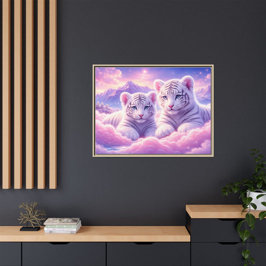 Dreamy white tiger cubs wall art in pastel clouds printed on a 40x30 framed matte canvas