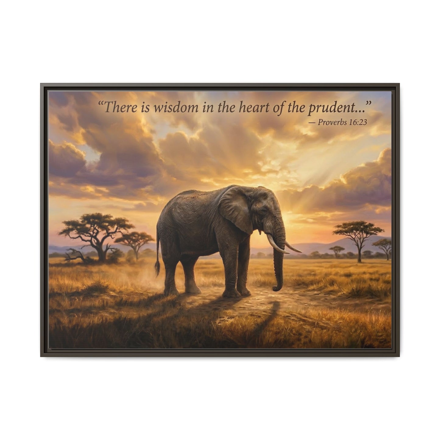 Elephant faith wall art 40x30 framed matte canvas with majestic elephant and Proverbs 16:23 quote