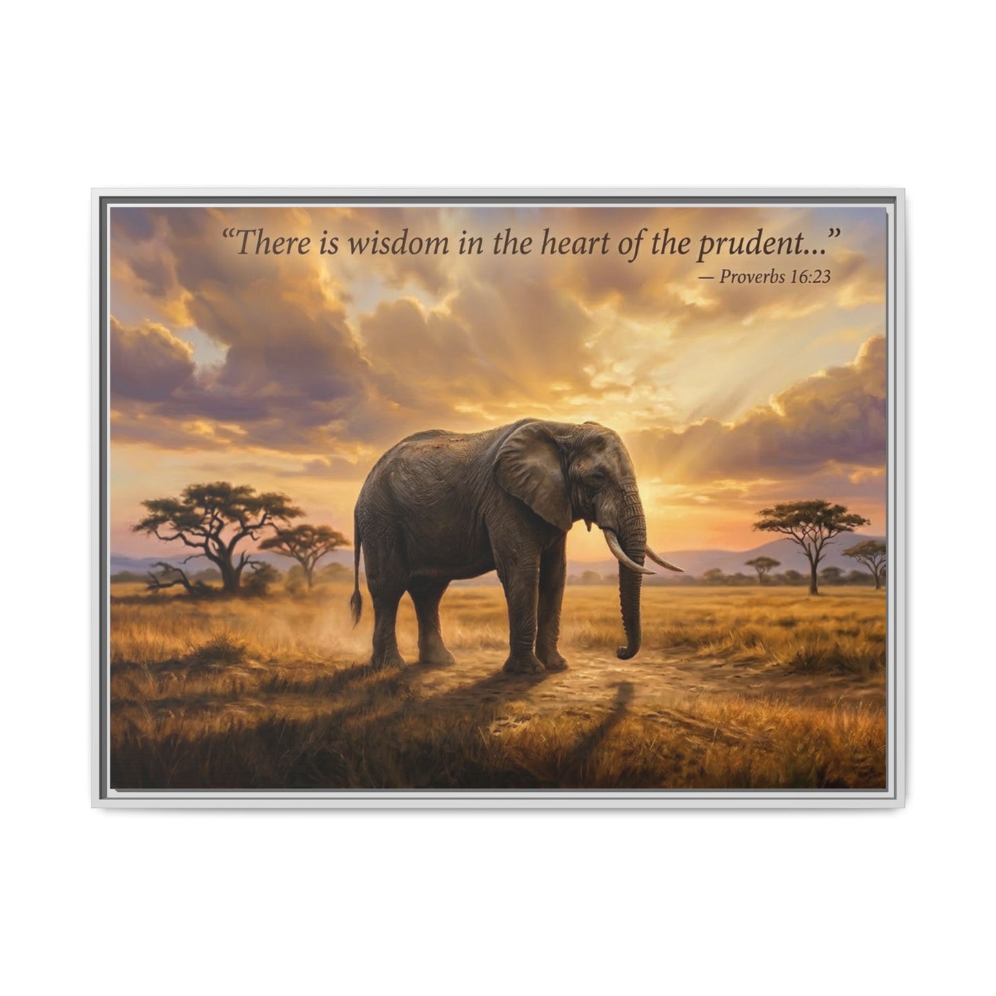 Elephant faith wall art 40x30 framed matte canvas with majestic elephant and Proverbs 16:23 quote