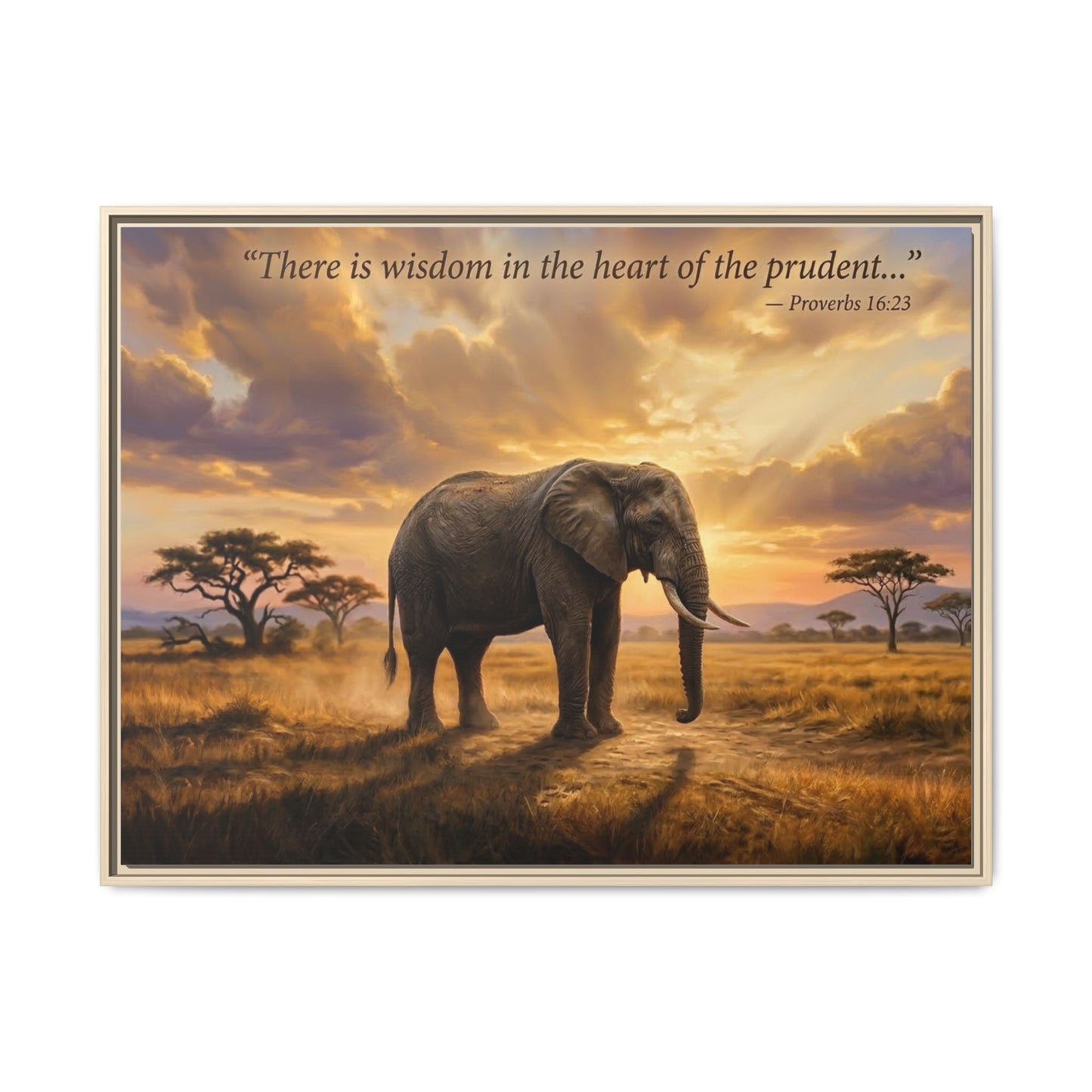 Elephant faith wall art 40x30 framed matte canvas with majestic elephant and Proverbs 16:23 quote