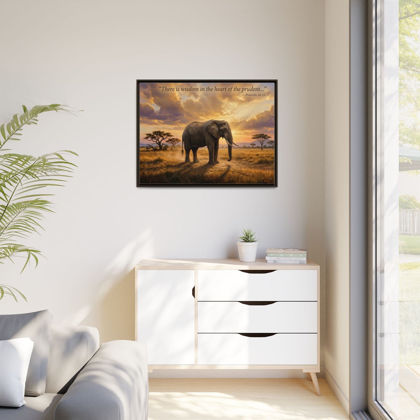 Elephant faith wall art 40x30 framed matte canvas with majestic elephant and Proverbs 16:23 quote