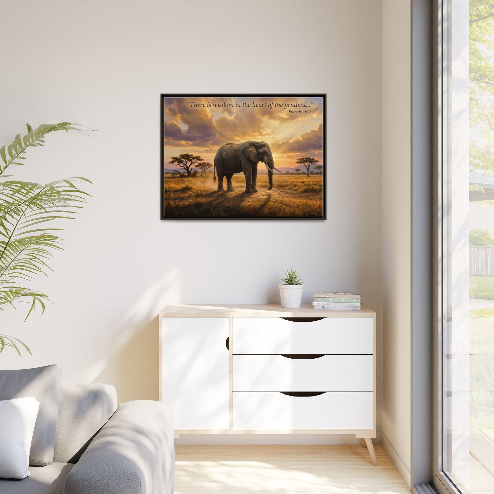 Elephant faith wall art 40x30 framed matte canvas with majestic elephant and Proverbs 16:23 quote