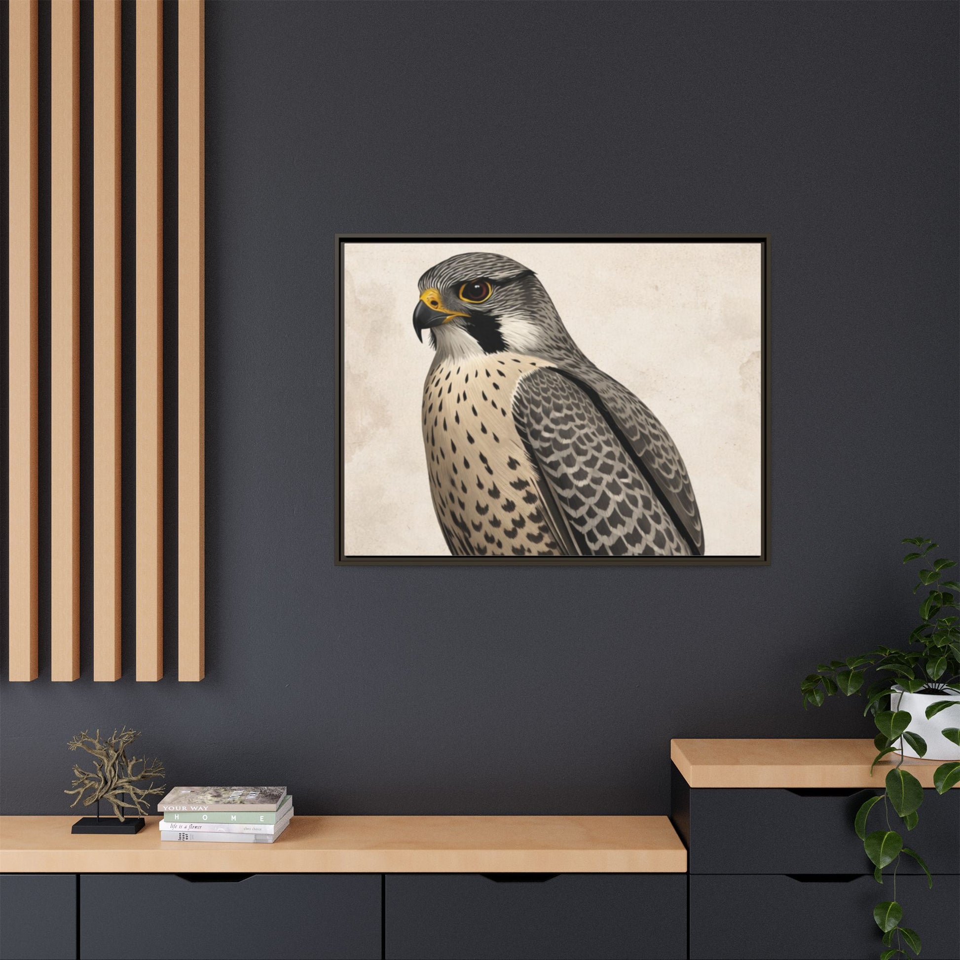 Falcon portrait wall art 40x30 framed matte canvas with neutral textured background