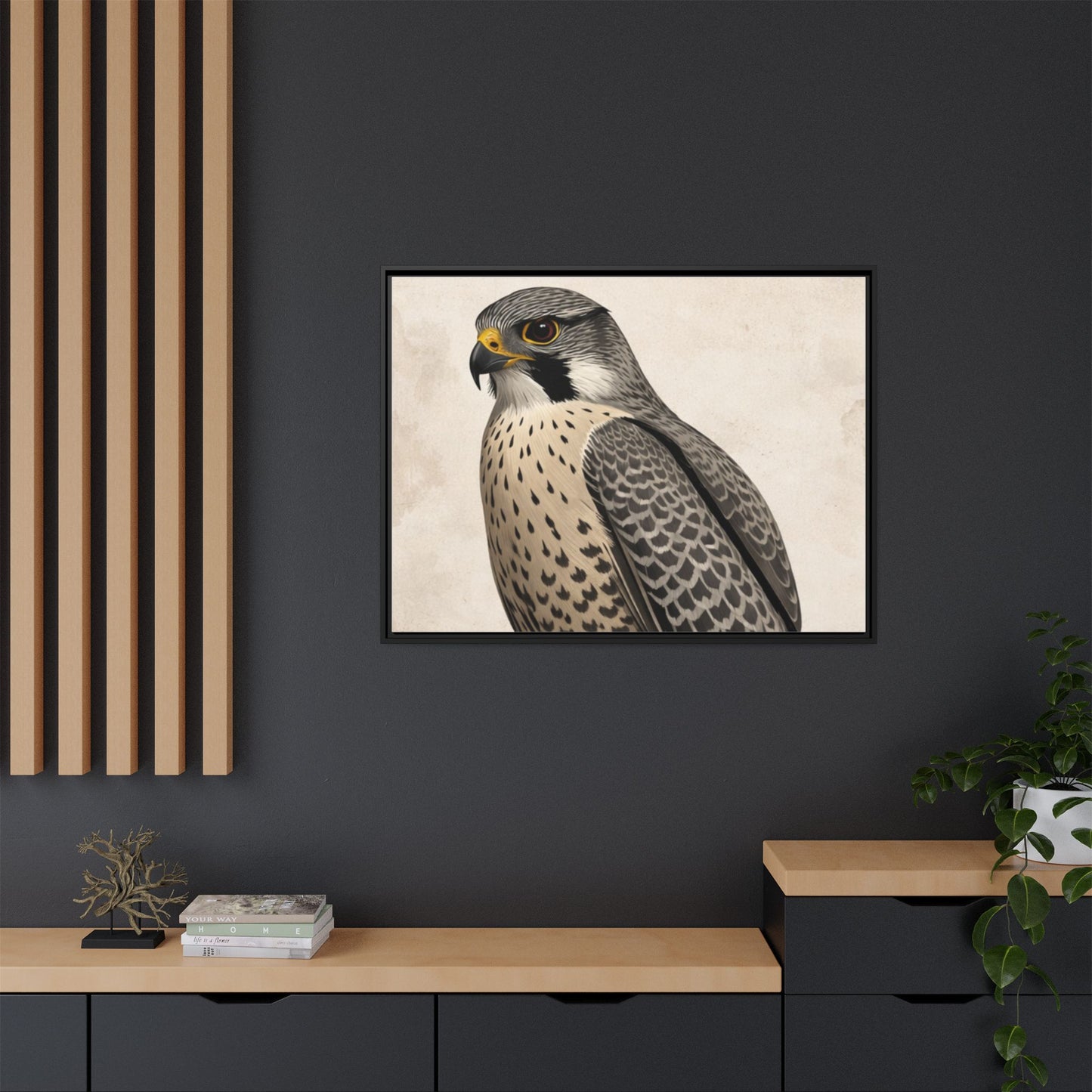 Falcon portrait wall art 40x30 framed matte canvas with neutral textured background