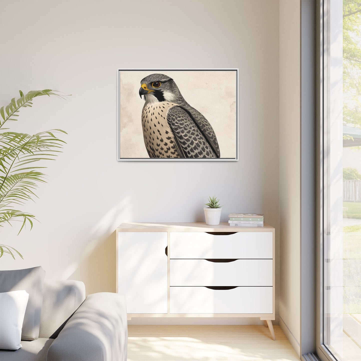 Falcon portrait wall art 40x30 framed matte canvas with neutral textured background