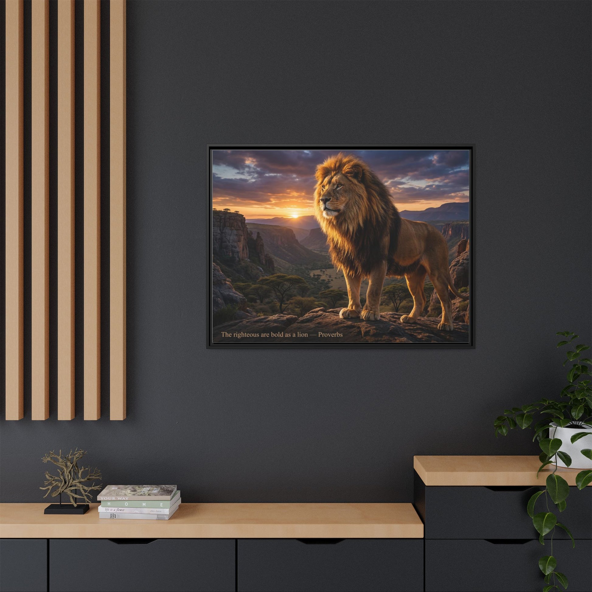 Golden lion wall art 40x30 framed matte canvas with lion at sunrise in canyon inspired by Joshua 1:9