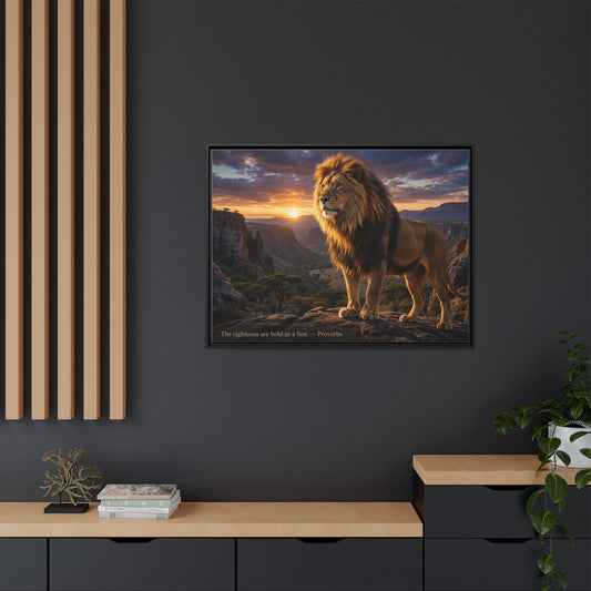 Golden lion wall art 40x30 framed matte canvas with lion at sunrise in canyon inspired by Joshua 1:9