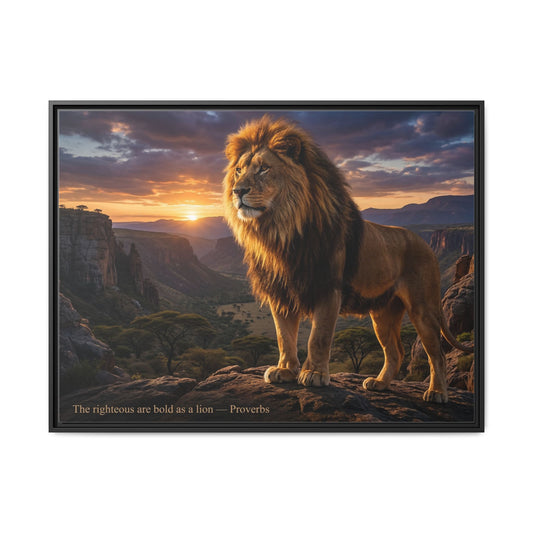Golden lion wall art 40x30 framed matte canvas with lion at sunrise in canyon inspired by Joshua 1:9