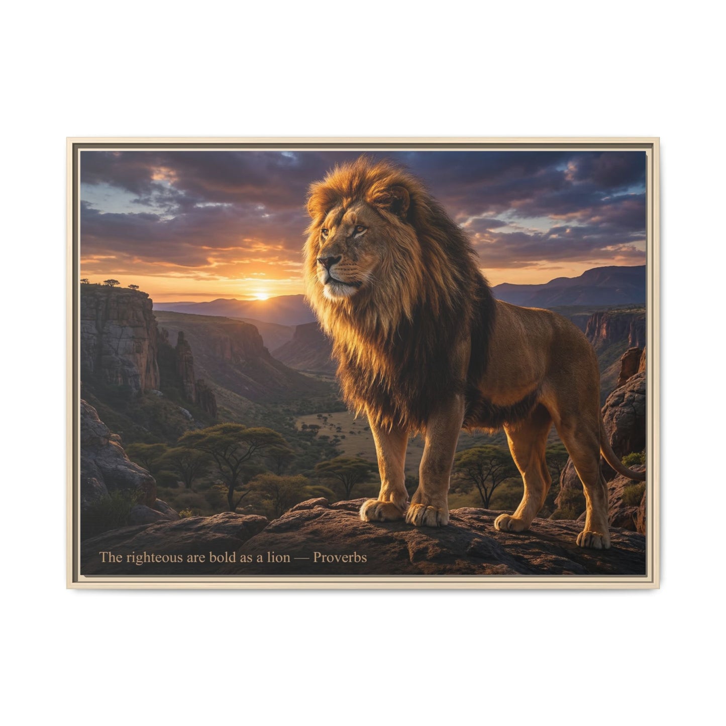 Golden lion wall art 40x30 framed matte canvas with lion at sunrise in canyon inspired by Joshua 1:9