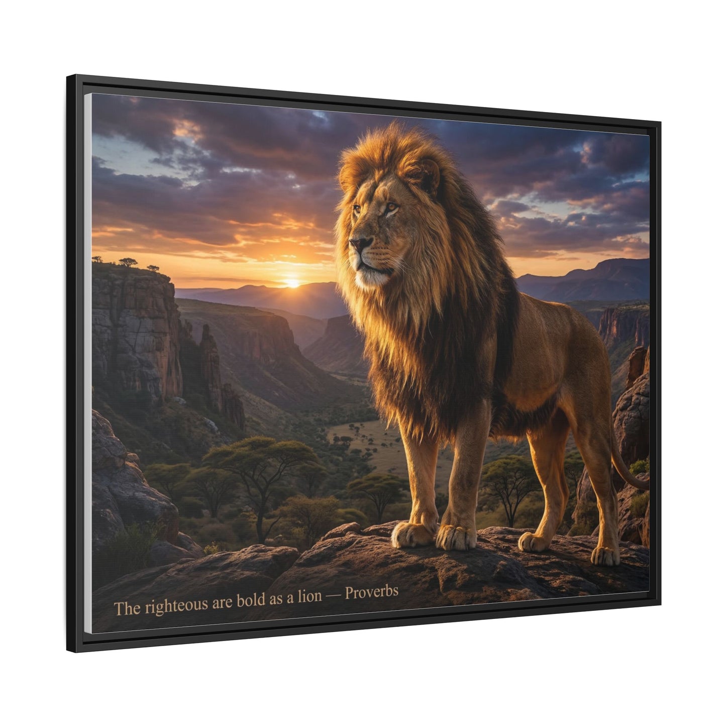 Golden lion wall art 40x30 framed matte canvas with lion at sunrise in canyon inspired by Joshua 1:9