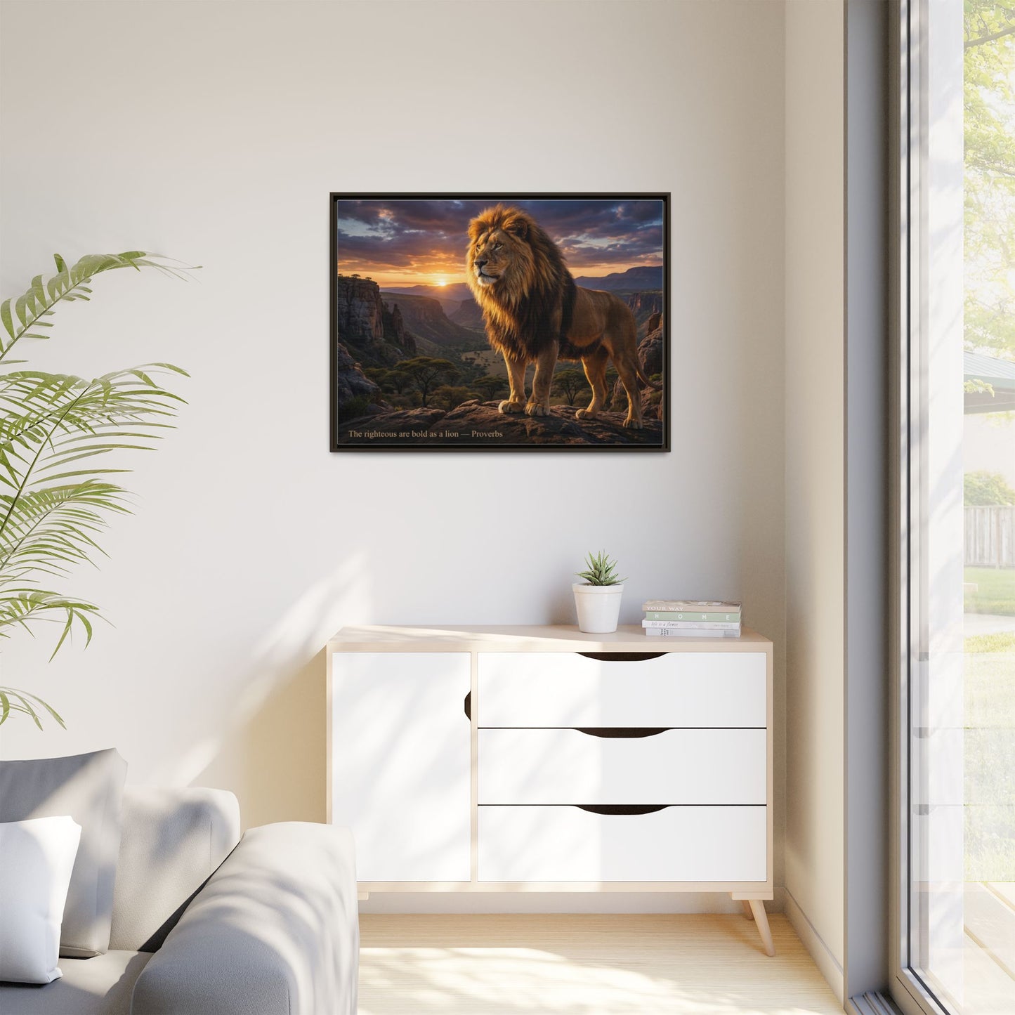 Golden lion wall art 40x30 framed matte canvas with lion at sunrise in canyon inspired by Joshua 1:9