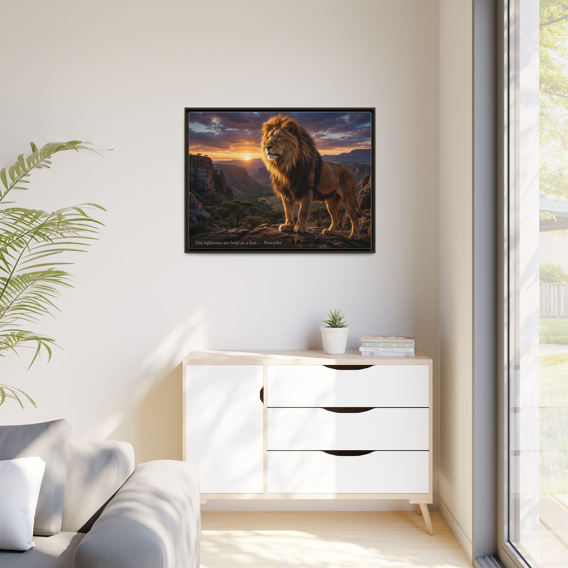 Golden lion wall art 40x30 framed matte canvas with lion at sunrise in canyon inspired by Joshua 1:9