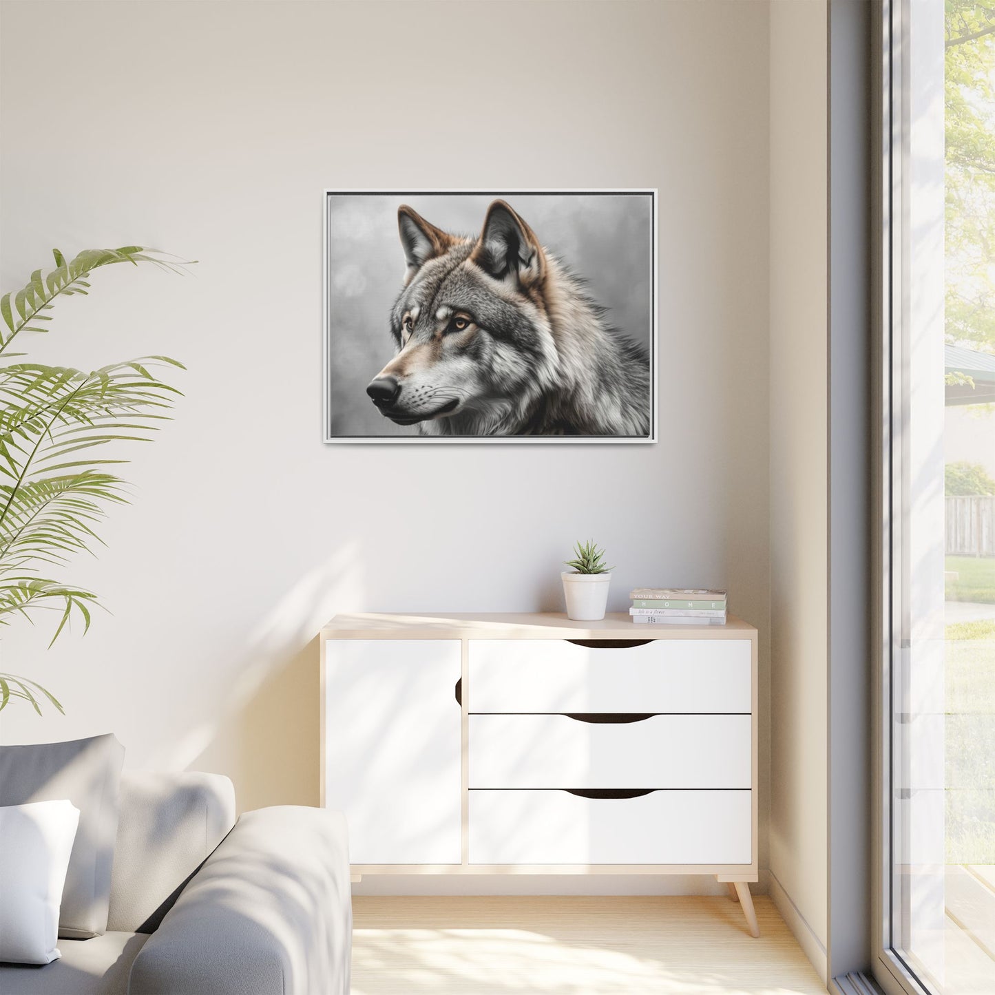 Gray wolf wall art 40x30 framed matte canvas wildlife portrait in black frame7