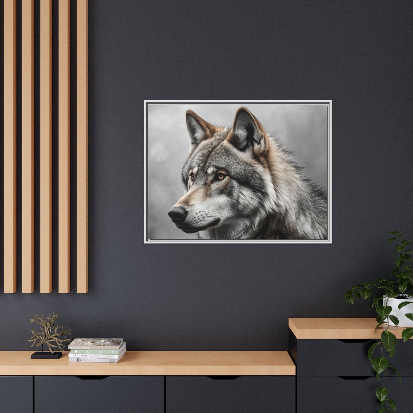 Gray wolf wall art 40x30 framed matte canvas wildlife portrait in black frame8