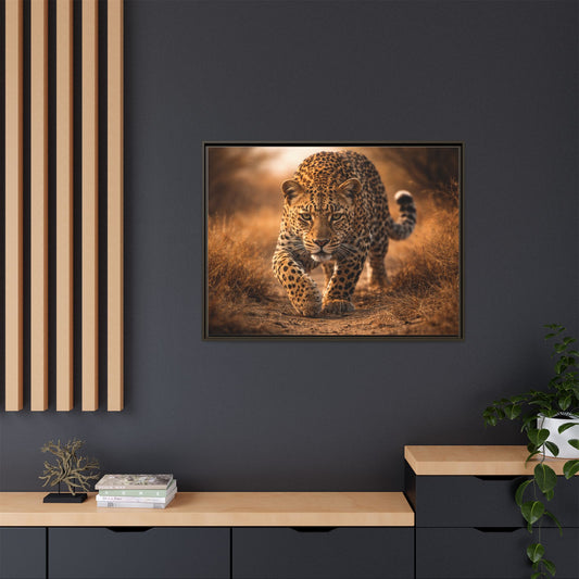 Leopard wall art 40x30 framed matte canvas portrait in golden savannah tones