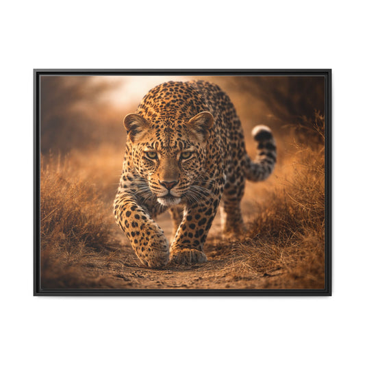 Leopard wall art 40x30 framed matte canvas portrait in golden savannah tones