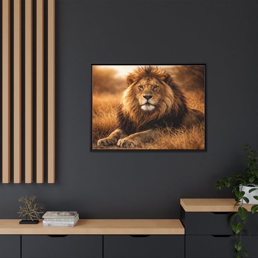Lion in savannah wall art 40x30 framed matte canvas portrait in golden tones