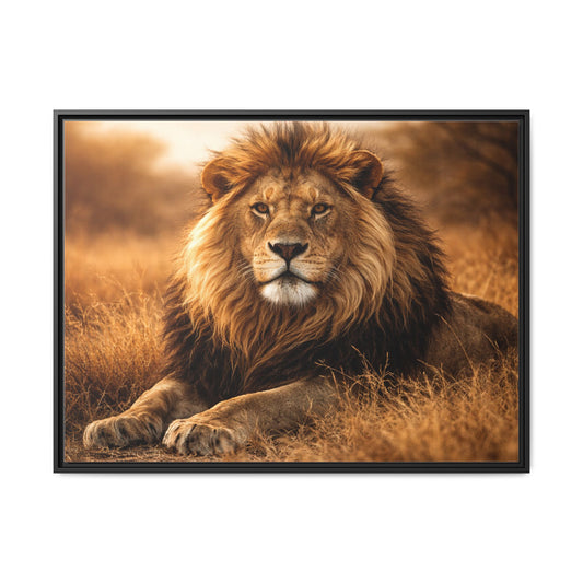 Lion in savannah wall art 40x30 framed matte canvas portrait in golden tones2