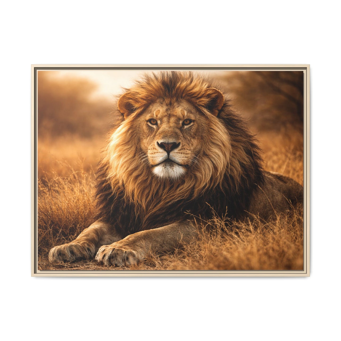 Lion in savannah wall art 40x30 framed matte canvas portrait in golden tones5