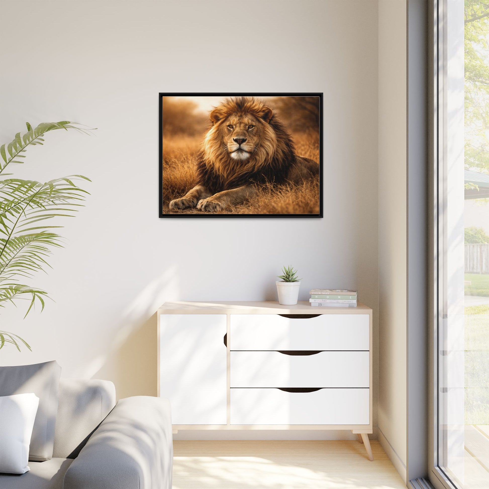 Lion in savannah wall art 40x30 framed matte canvas portrait in golden tone7