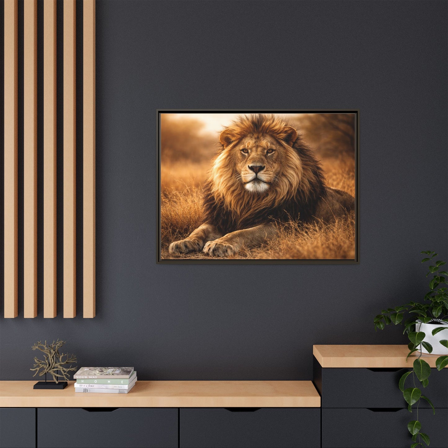Lion in savannah wall art 40x30 framed matte canvas portrait in golden tones8