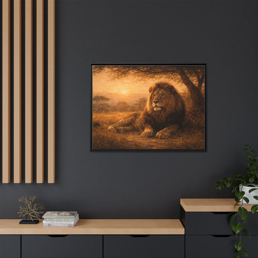 Lion sunset wall art 40x30 framed matte canvas portrait resting under savanna tree at sunset