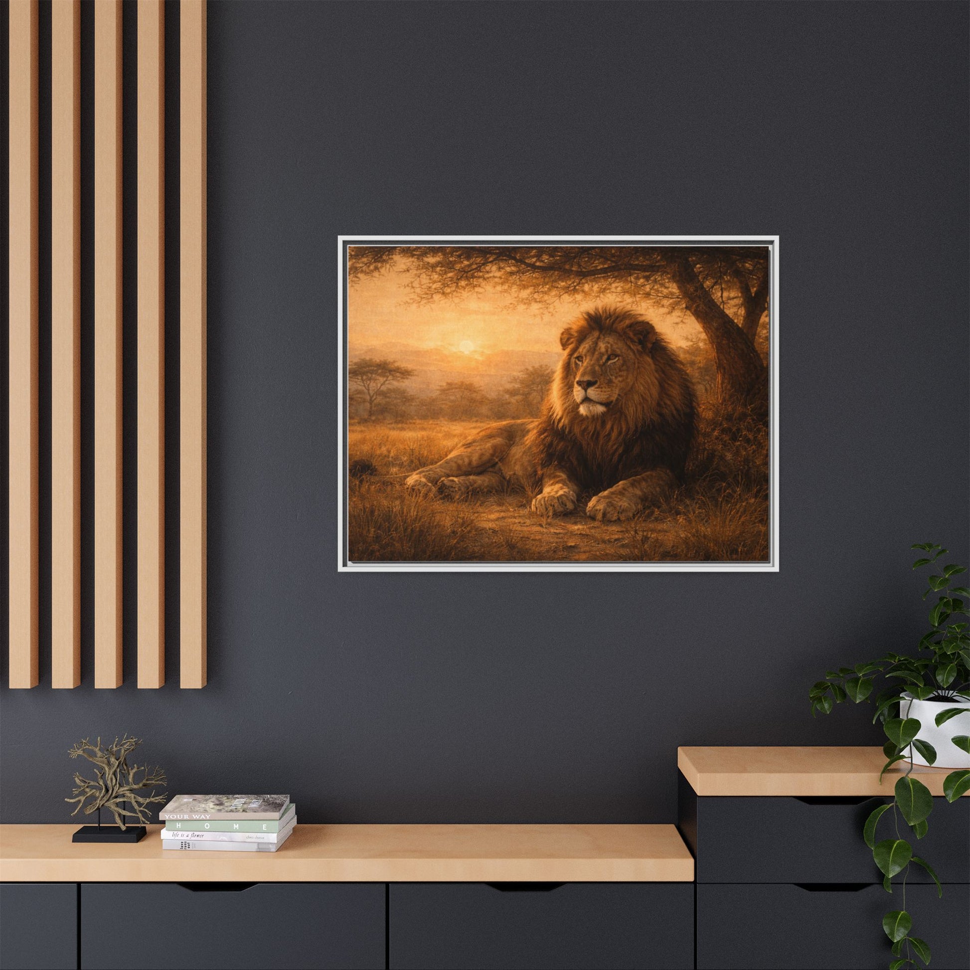 Lion sunset wall art 40x30 framed matte canvas portrait resting under savanna tree at sunset
