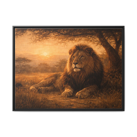 Lion sunset wall art 40x30 framed matte canvas portrait resting under savanna tree at sunset