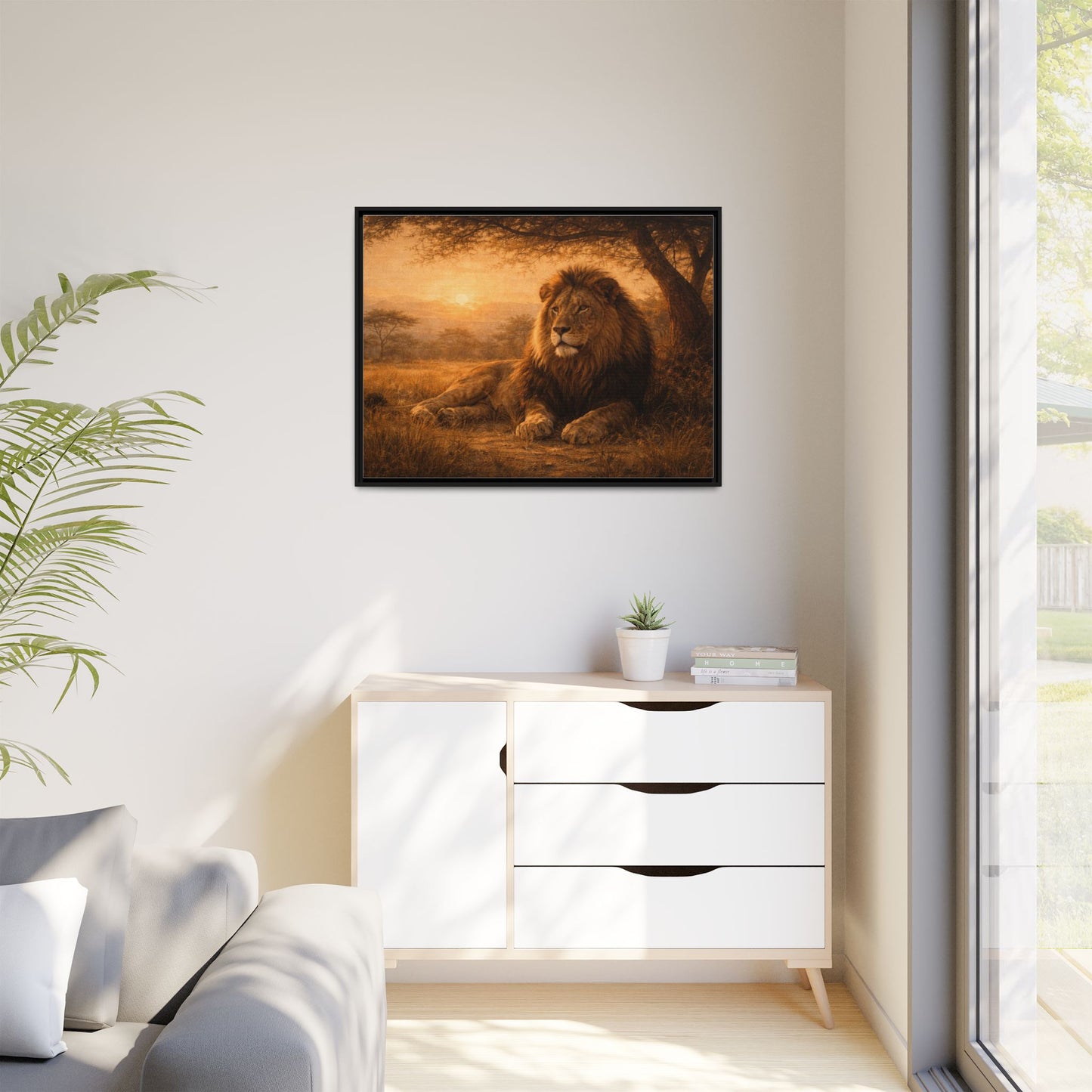 Lion sunset wall art 40x30 framed matte canvas portrait resting under savanna tree at sunset